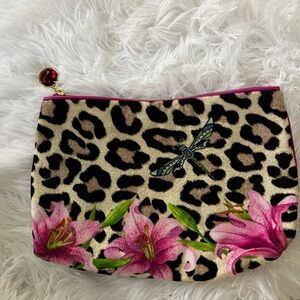 Estee Lauder Leopard Print Cosmetic Bag with Pink Floral Accents